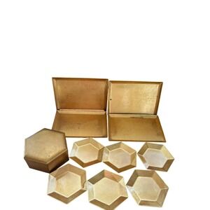 Vintage OMC‎ Japan Gold Plastic Coaster Set w Hexagon Box MCM & 4 trays